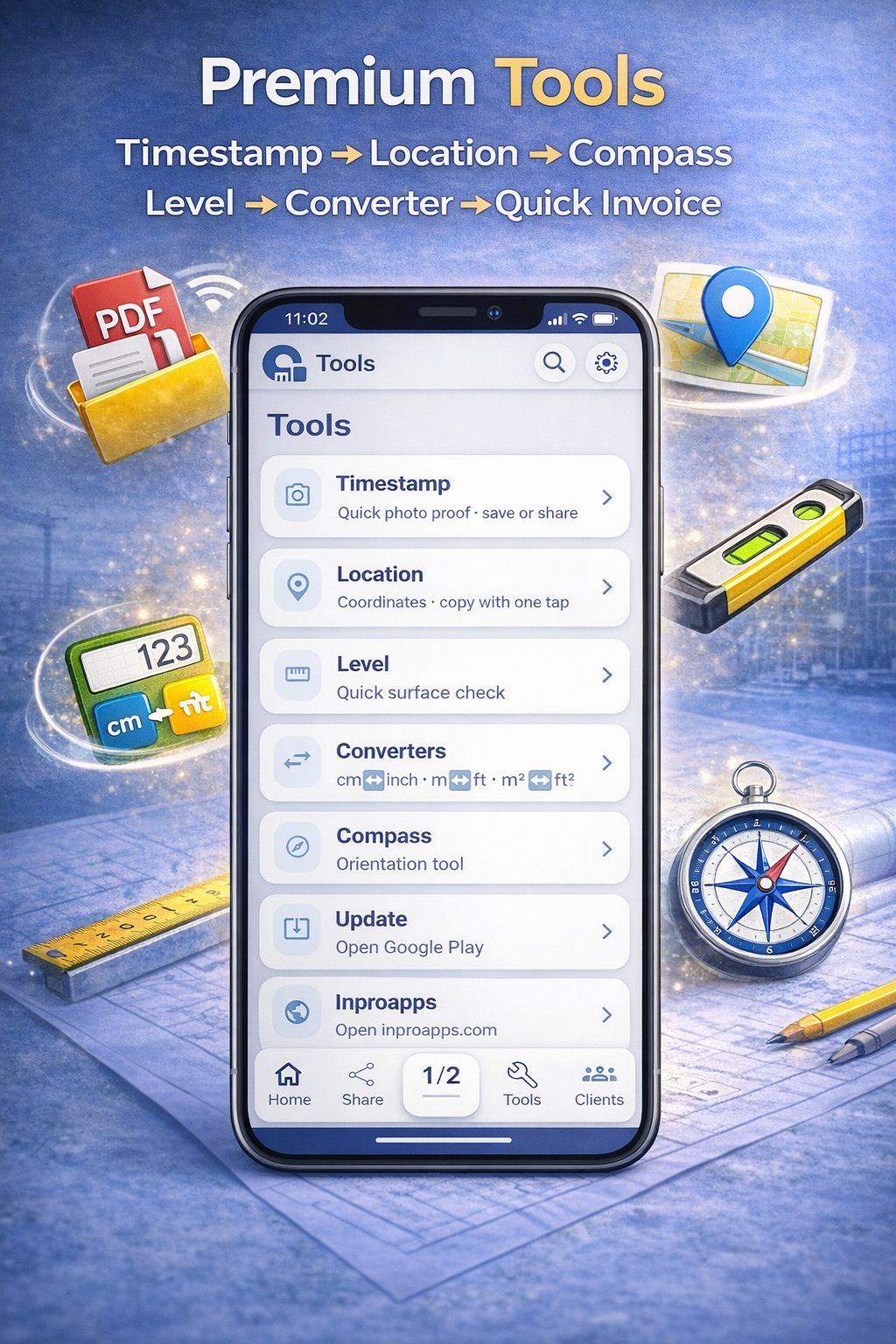 MeasureIN Pro – Tools screen